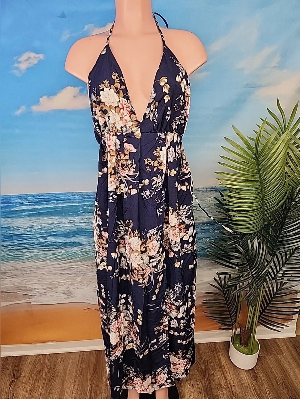 Floral Halter Maxi Dress in Navy - Women’s Summer Dress
